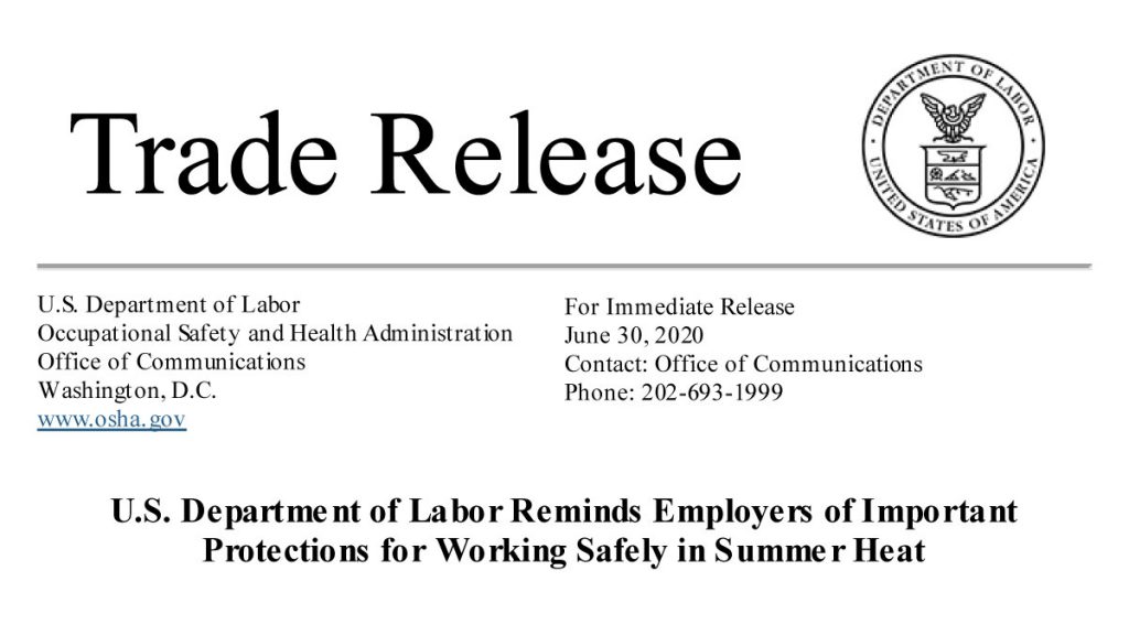 U.S. Department of Labor Reminds Employers of Important Protections for Working Safely in Summer Heat